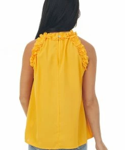FSL APPAREL Mango Frill Trim Halter Neck Woven Top Tops