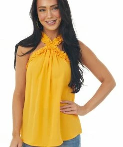 FSL APPAREL Mango Frill Trim Halter Neck Woven Top Tops