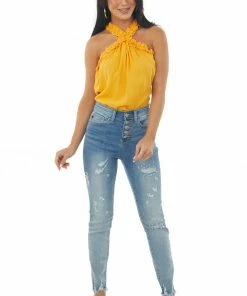 FSL APPAREL Mango Frill Trim Halter Neck Woven Top Tops