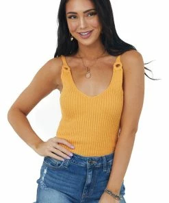 Very J Tops Mango Ring Strap V Neck Ribbed Knit Tank Top