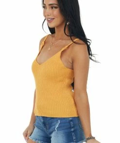 Very J Tops Mango Ring Strap V Neck Ribbed Knit Tank Top