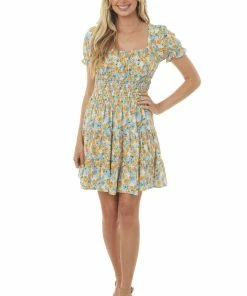 Lush Clothing Dresses Mango And Dusty Blue Floral Woven Mini Dress