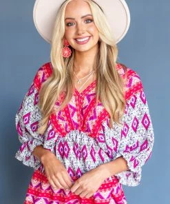 Umgee Crimson Abstract Print Babydoll Surplice Top