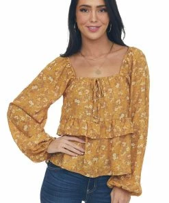 Peach Love Marigold Floral Print Bubble Sleeve Blouse