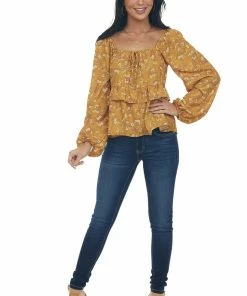 Peach Love Marigold Floral Print Bubble Sleeve Blouse 21 Peach Love Marigold Floral Print Bubble Sleeve Blouse