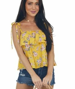 Fantastic Fawn Tops Marigold Floral Print Shoulder Tie Strap Tank