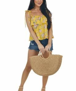 Fantastic Fawn Tops Marigold Floral Print Shoulder Tie Strap Tank