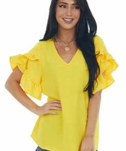 FSL APPAREL Marigold Ruffle Sleeve V Neck Crinkle Blouse Tops