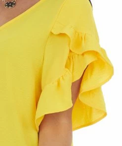 FSL APPAREL Marigold Ruffle Sleeve V Neck Crinkle Blouse Tops