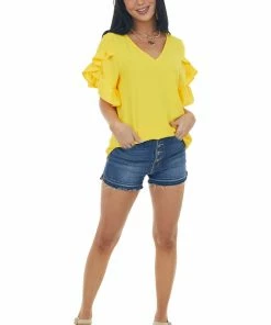 FSL APPAREL Marigold Ruffle Sleeve V Neck Crinkle Blouse Tops