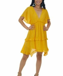 Umgee Dresses Marigold V Neck Tiered Handkerchief Hem Dress