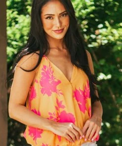 Lime Lush Tops Marigold Floral Print Surplice Woven Tank Top