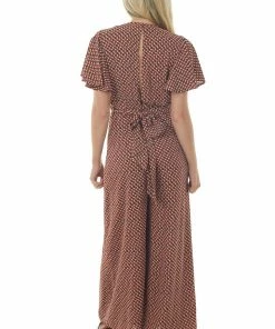 She + Sky Dresses Maroon Abstract Print Flutter Sleeve Jumpsuit