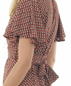 She + Sky Dresses Maroon Abstract Print Flutter Sleeve Jumpsuit