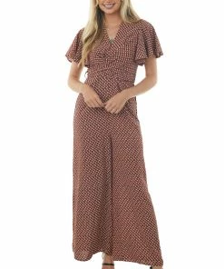 She + Sky Dresses Maroon Abstract Print Flutter Sleeve Jumpsuit