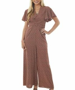She + Sky Dresses Maroon Abstract Print Flutter Sleeve Jumpsuit