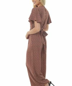 She + Sky Dresses Maroon Abstract Print Flutter Sleeve Jumpsuit