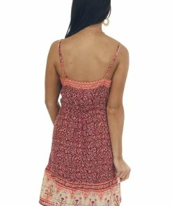 Umgee Dresses Maroon Floral Print Sleeveless Short Dress