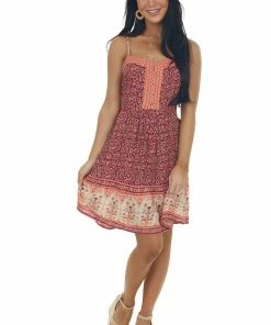 Umgee Dresses Maroon Floral Print Sleeveless Short Dress