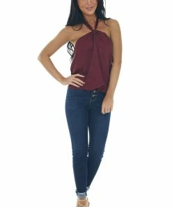 LE LIS Maroon Floral Textured Halter Neck Top