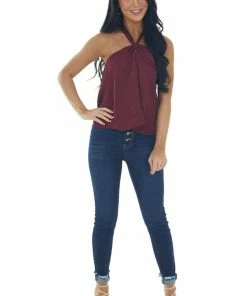 LE LIS Maroon Floral Textured Halter Neck Top