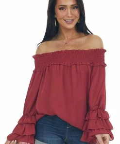 Vine & Love Maroon Off Shoulder Tiered Bell Sleeve Blouse Tops