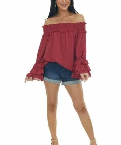 Vine & Love Maroon Off Shoulder Tiered Bell Sleeve Blouse Tops