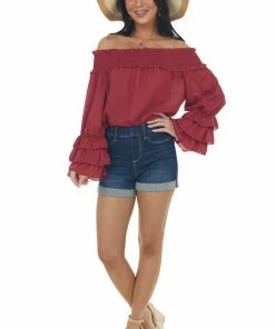 Vine & Love Maroon Off Shoulder Tiered Bell Sleeve Blouse Tops