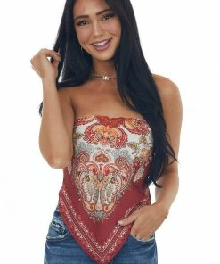Eesome Maroon Paisley Print Smocked Bandana Style Top Tops 12 Eesome Maroon Paisley Print Smocked Bandana Style Top Tops
