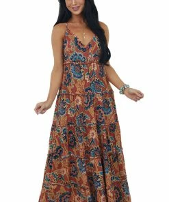 ANGIE Dresses Maroon Printed Sleeveless Tiered Maxi Dress
