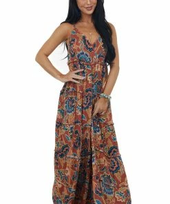 ANGIE Dresses Maroon Printed Sleeveless Tiered Maxi Dress