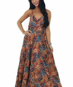 ANGIE Dresses Maroon Printed Sleeveless Tiered Maxi Dress