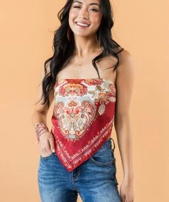 Eesome Maroon Paisley Print Smocked Bandana Style Top Tops