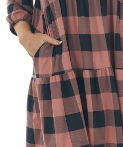 Fantastic Fawn Marsala Buffalo Plaid Long Bubble Sleeve Dress Dresses