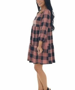 Fantastic Fawn Marsala Buffalo Plaid Long Bubble Sleeve Dress Dresses
