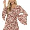 Hailey & Co Dresses Marsala Floral Print Bell Sleeve Short Dress
