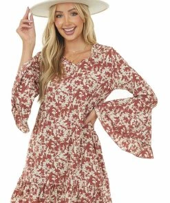Hailey & Co Dresses Marsala Floral Print Bell Sleeve Short Dress