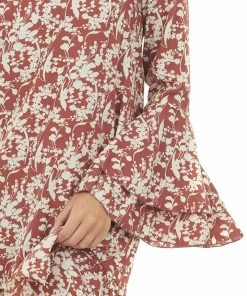 Hailey & Co Dresses Marsala Floral Print Bell Sleeve Short Dress