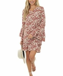 Hailey & Co Dresses Marsala Floral Print Bell Sleeve Short Dress