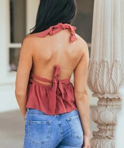BiBi Marsala Halter Tie Plunging Neck Peplum Blouse