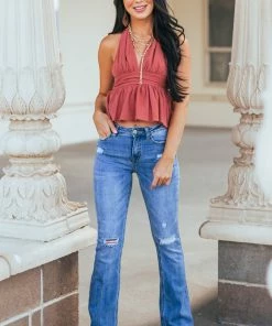 BiBi Marsala Halter Tie Plunging Neck Peplum Blouse