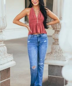 BiBi Marsala Halter Tie Plunging Neck Peplum Blouse