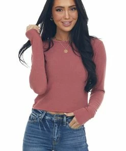 Charlotte Avery Dark Mauve Long Sleeve Textured Cropped Knit Top