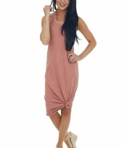 HYFVE Marsala Ribbed Trim Sleeveless Knit Midi Dress Dresses