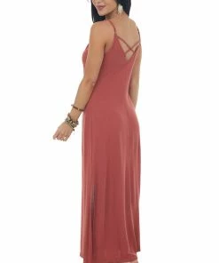 Lush Clothing Marsala Side Slit Spaghetti Strap Maxi Dress