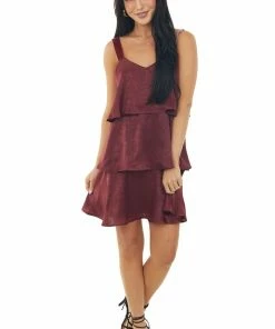 Sweet Lemon Marsala Sleeveless Tiered Short Soft Dress