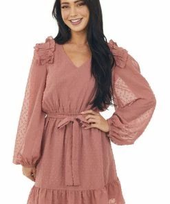 Mittoshop Dresses Marsala Swiss Dot Peasant Sleeve Short Dress