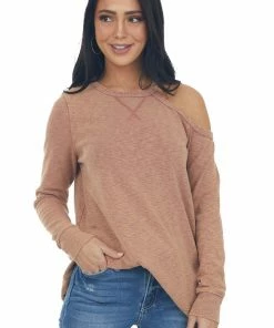 Doe & Rae Marsala Two Toned Long Sleeve Top With Cold Shoulder Detail