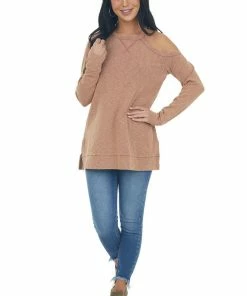 Doe & Rae Marsala Two Toned Long Sleeve Top With Cold Shoulder Detail