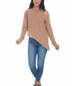 Doe & Rae Marsala Two Toned Long Sleeve Top With Cold Shoulder Detail